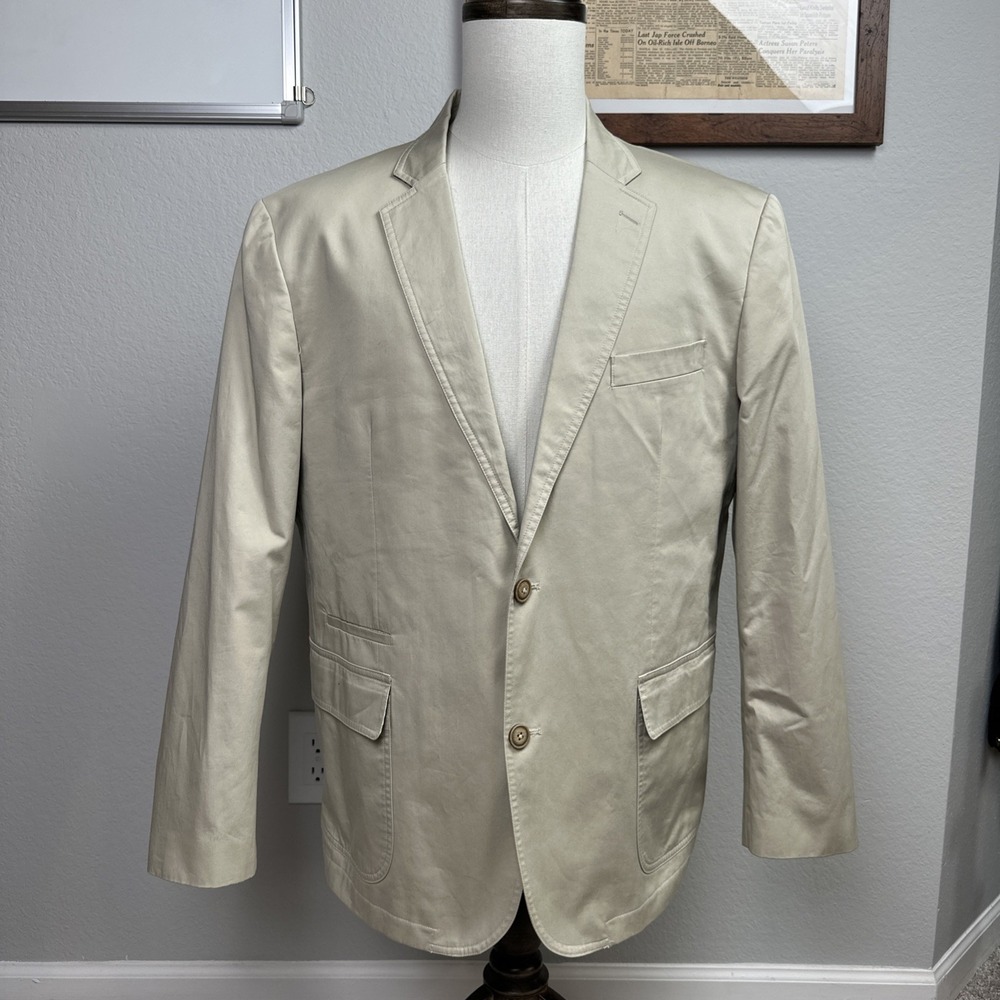 Johnston & Murphy Twill Blazer Men XL Beige Gingham Lined Cotton Sport Coat